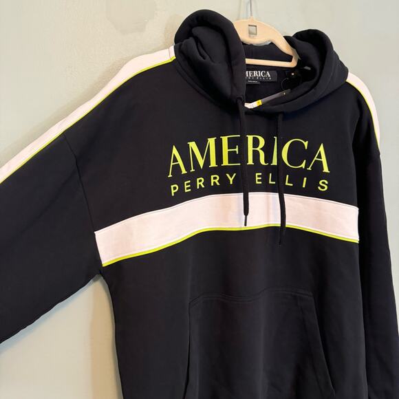 Perry Ellis America Hoodie Mens M Sweatshirt Neon Logo Pullover Fleece Black NWT - Picture 3 of 6